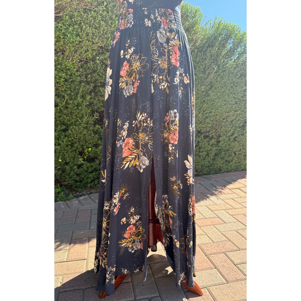 BP Nordstrom Floral Halter Maxi Dress Navy Blue Smocked Waist Open Back NWT - Picture 2 of 12